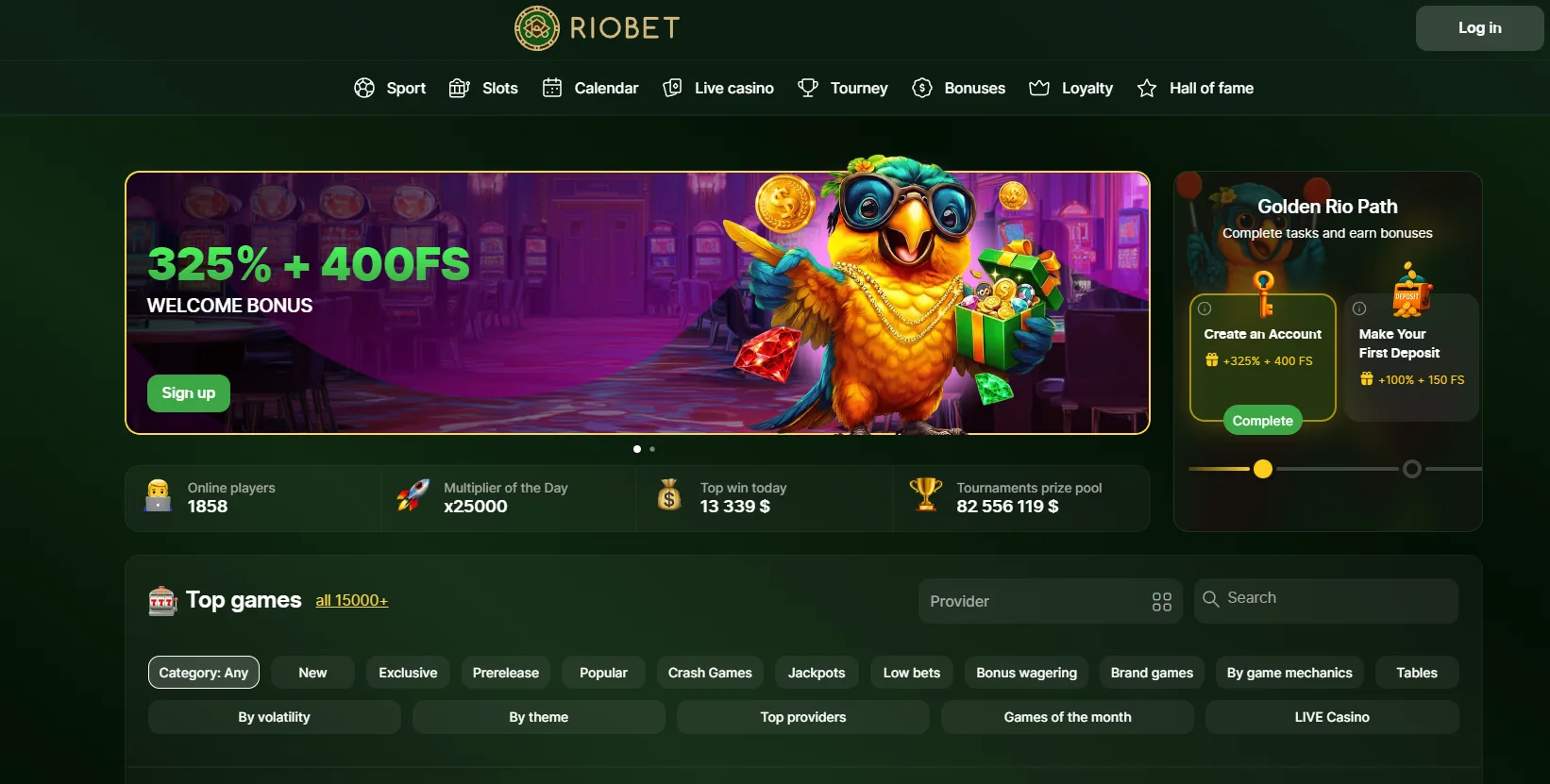 Riobet — главная страница, welcome-бонус и каталог игр; скриншот интерфейса 1