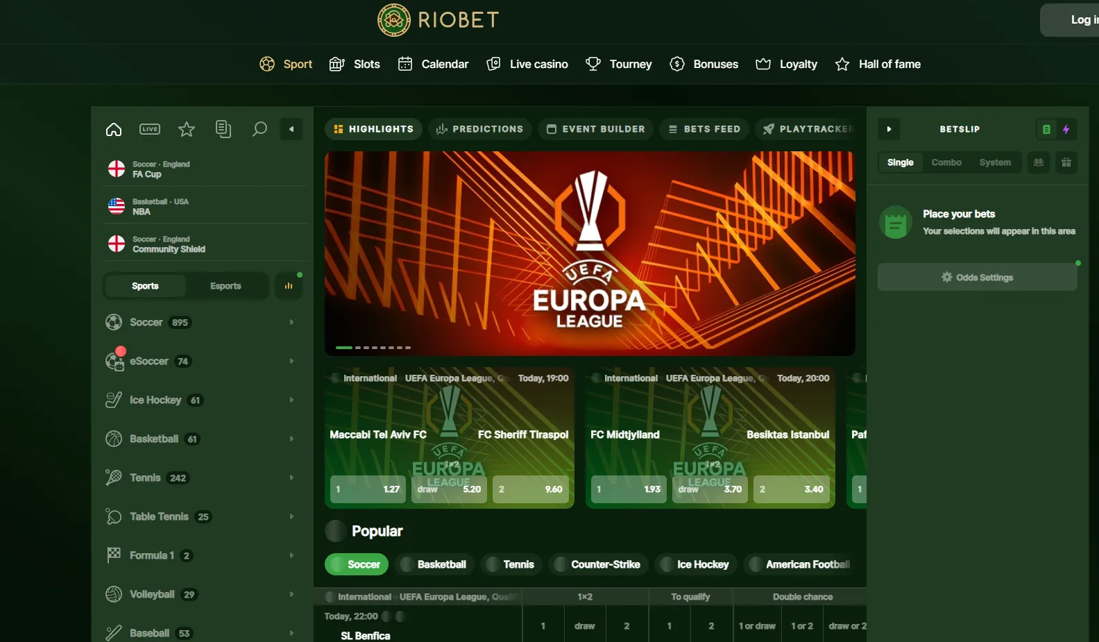 Riobet — интерфейс линии ставок на спорт; скриншот интерфейса 12