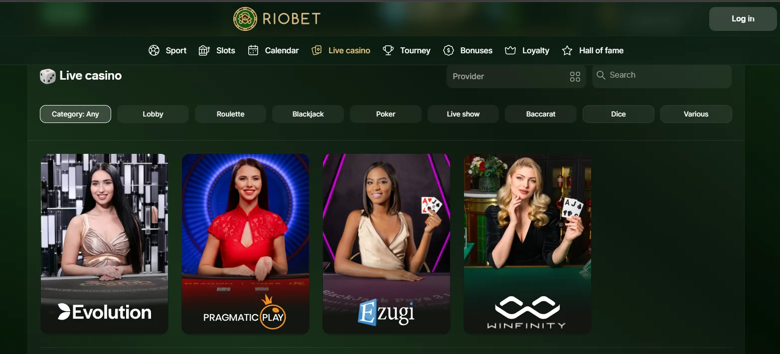 Riobet — лобби live casino и провайдеры; скриншот интерфейса 15